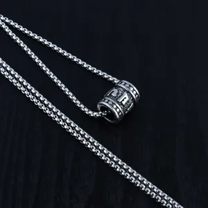Retro stainless steel cylinder pendant necklace with engraved Buddhist mantra symbols