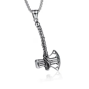 Close-up of stormbreaker axe pendant in vintage silver stainless steel for men
