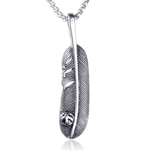 Hip hop titanium steel feather pendant necklace with vintage engraving for men