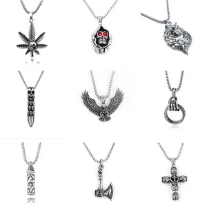 Retro Titanium Steel Pendant Necklace For Men Hip Hop Punk Gothic Skull Cross Wolf Feather Eagle Viking Jewelry Gift