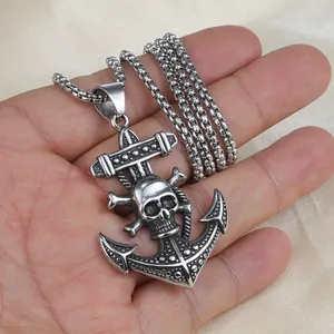 Retro stainless steel pirate anchor necklace with skull pendant on a long square chain