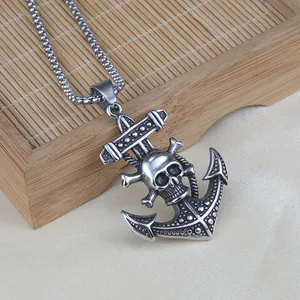 Vintage pirate anchor necklace with skull pendant on a steel box chain for men