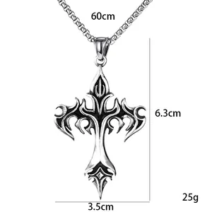 Men's vintage gothic cross pendant necklace in stainless steel with silver box chain