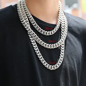 Mens stainless steel silver Cuban link chain necklace set in 50cm, 60cm, and 70cm lengths