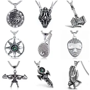 Retro Stainless Steel Alloy Pendant Necklace For Men Women Hip Hop Punk Style Jewelry With Skull Wolf Cross Wing Pendants