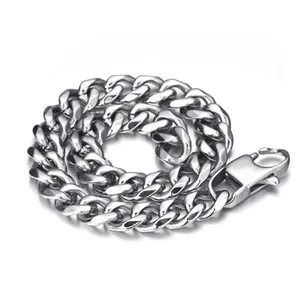 Close-up of silver stainless steel Cuban link necklace with a secure lobster clasp