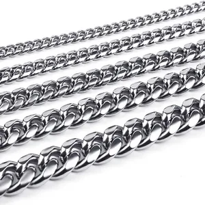 Polished silver stainless steel Cuban link chains in various thicknesses for men and women