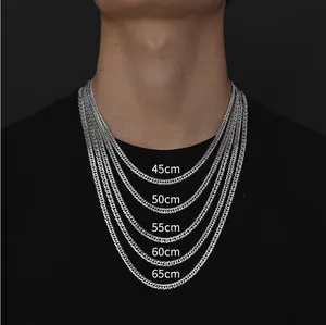 Colliers à maillons cubains en acier inoxydable pour hommes en cinq longueurs 45 à 65cm argent