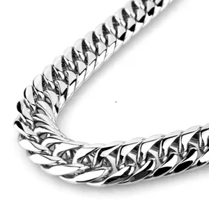 Macro shot of polished silver Cuban link chain with high gloss finish and tight links