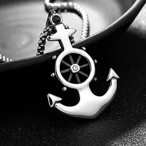 Polished stainless steel nautical anchor and rudder necklace with white zircon stone