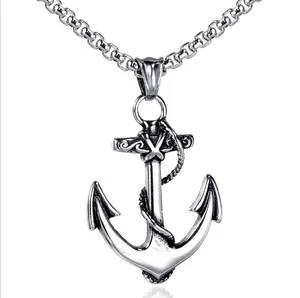 Vintage stainless steel anchor pendant necklace with rope detail on box chain for men