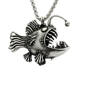 Collier Pendentif Baudroie En Acier Inoxydable Vintage Pour Hommes Femmes Bijoux Gothiques Rétro Hip Hop Poisson Lanterne Cadeau
