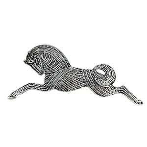 Vintage silver galloping horse brooch with detailed embossed metal texture for suits