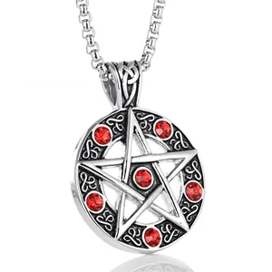 Gothic 316L Stainless Steel Pentagram Pendant Necklace For Men Women Retro Celtic Knot Round Star Zirconia Inlaid Jewelry Gift