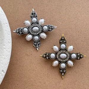 Vintage French Baroque Style Cross Brooch For Women Alloy Imitation Artificial Pearl Rhinestone Pin Palace Elegant Coat Suit Accessory