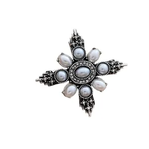 Vintage French style silver star brooch with grey faux pearls and sparkling rhinestones
