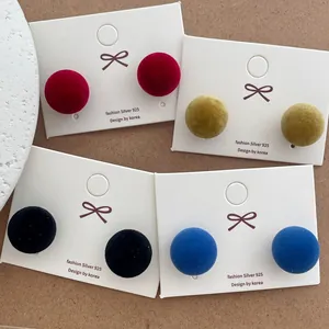 Vintage Flocking Round Ball Stud Earrings With 925 Sterling Silver Earring Post Autumn Winter Fabric Stud Earrings For Women