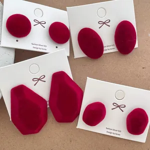 Vintage Wine Red Flocked Stud Earrings With 925 Sterling Silver Earring Post Geometric Round Oval Earrings For Women Autumn Winter Jewelry