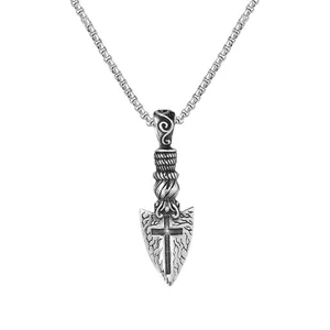 Retro stainless steel arrow pendant necklace with cross engraving and box chain