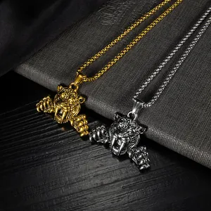 Colliers pendentifs tête de tigre en acier or et argent avec chaîne robuste