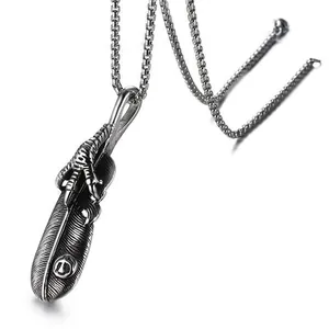 Retro titanium steel necklace with eagle claw and feather pendant in vintage silver style
