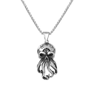 Gothic stainless steel octopus skull pendant necklace with retro oxidized finish and box chain