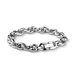 Polished silver stainless steel rope chain bracelet with secure buckle for men