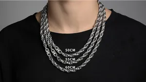 Detailed view of 50cm, 55cm, and 60cm silver twist chain necklaces on a male model