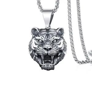 Retro Roestvrij Staal Tijgerkop Hanger Halsketting Heren Hip Hop Dominante Legering Wolfskop Hamer Drumsticks Sieraden