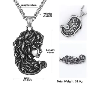 Collana con pendente Medusa vintage in acciaio inossidabile con catena a perle quadrate