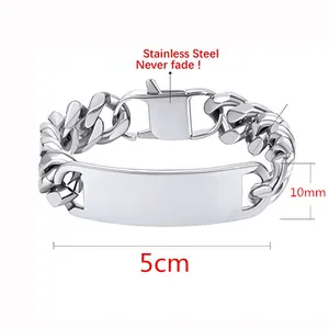 Bracelet gourmette en acier inoxydable argenté poli avec plaque d'identification de 10mm