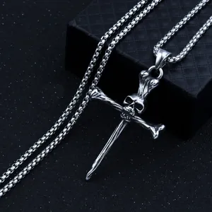 Gothic skull and crossbones pendant necklace in vintage silver finish with a box chain