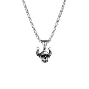 Vintage punk titanium steel necklace with a bull horn skull pendant on a box chain
