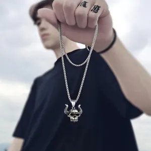 Vintage punk titanium steel bull horn skull necklace with realistic silver textured pendant