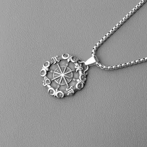 Pendente sole in acciaio inossidabile con simboli astrologici su catena d'argento