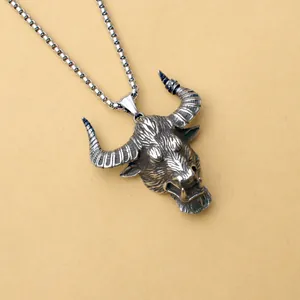 Punk bull head pendant necklace in vintage silver steel for men and women