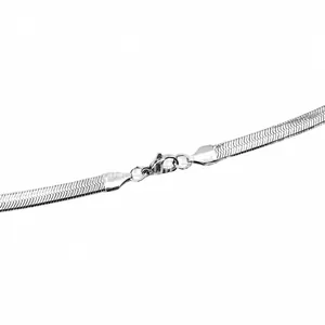 Close-up of silver flat snake bone chain showing lobster clasp and polished metal texture
