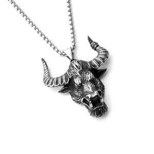 Retro Titanium Steel Bull Head Pendant Necklace For Men Women Gothic Punk Animal Stainless Steel Jewelry Silver Tone