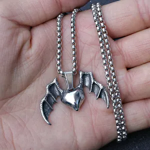 Gothic bat wing heart necklace pendant with stainless steel box chain for men and women