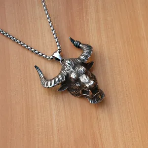 Retro punk bull head pendant necklace in stainless steel with vintage oxidation finish