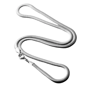 Macro detail of silver stainless steel flat snake chain necklace with lobster clasp