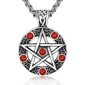 Retro stainless steel pentagram dragon necklace with vintage red stones and chunky silver chain