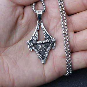 Men's titanium steel Horus Eye pendant necklace with wings and box chain