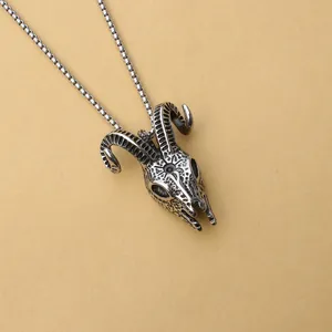 Vintage ram skull pendant necklace in silver and black finish with a stainless steel box chain