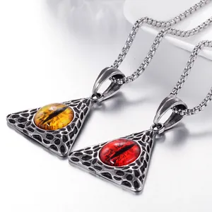 Pendentifs œil triangulaire gothique ambre et rouge avec colliers en acier inoxydable