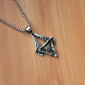 Retro Eye of Horus triangle pendant necklace with wings in silver stainless steel for men