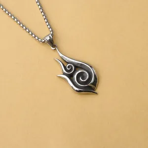 Polished stainless steel necklace with silver spiral flame pendant on brown background