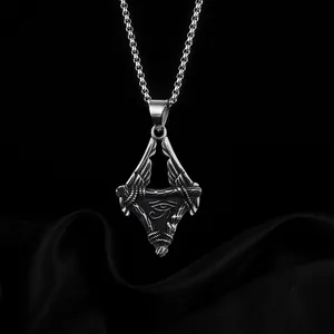 Retro stainless steel Horus Eye pendant with wings on a classic chain necklace
