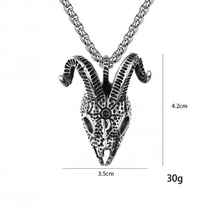 Vintage stainless steel ram head skull pendant necklace for men with engraved textures
