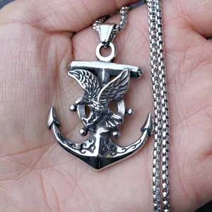 Collier pendentif aigle et ancre vintage en acier inoxydable argenté avec chaîne